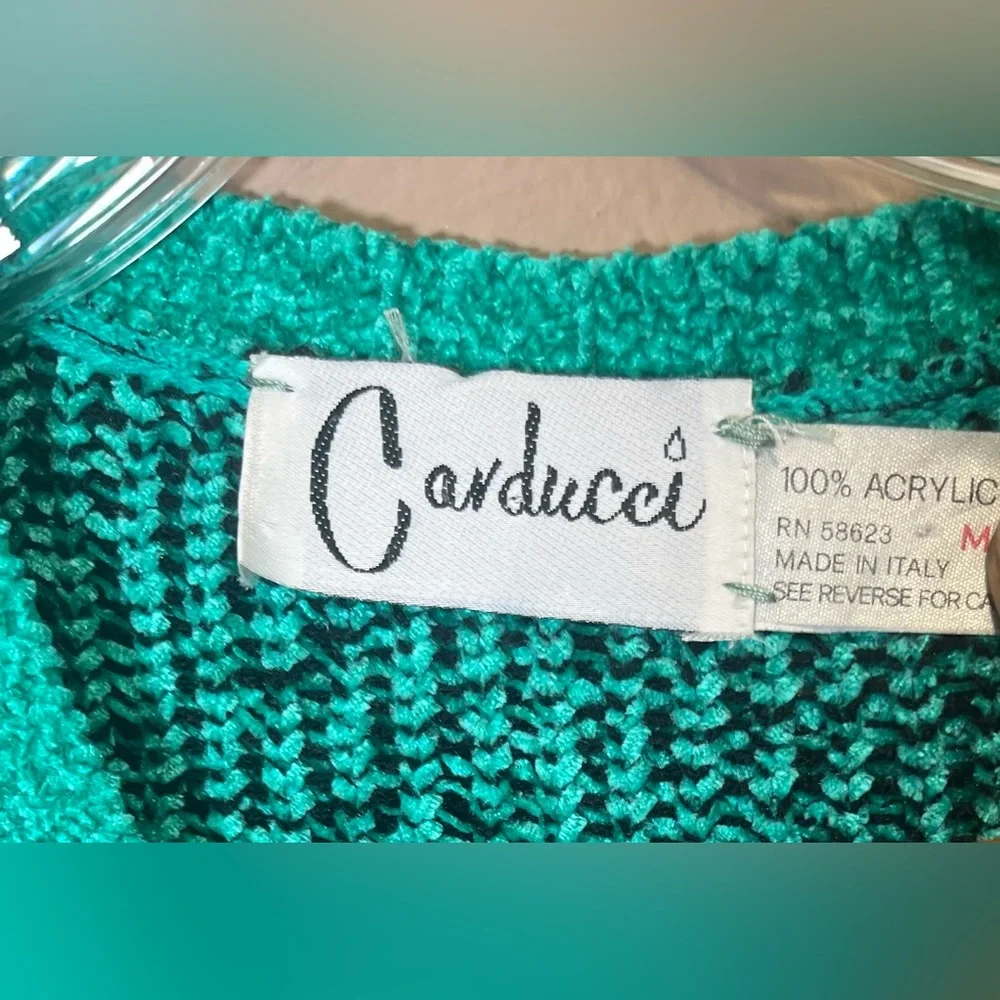 Carducci Women's Sweater Size M Teal & Black Leaf Pattern Knit Pullover V-Neck